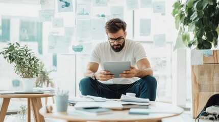 A man with glasses intently using a tablet while surrounded by documents in a bright, modern workspace with plants, suggesting a tech-savvy and focused environment.