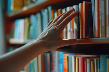 Poster - Hand touching books bookshelf library publication.