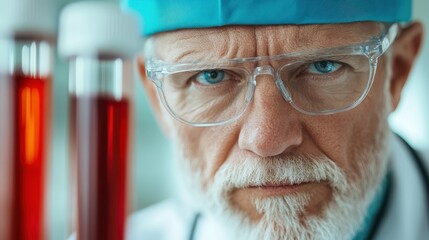Wall Mural - a senior scientist intensely examining blood samples in a laboratory, wearing protective glasses and