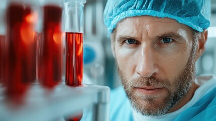 Wall Mural - a male scientist deeply analyzing samples in a high-tech laboratory, showcasing intense concentratio