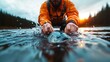 © svastix - An angler in waterproof gear catches a fish from a tranquil lake during sunrise, capturing the serenity of nature and the skill involved in fishing.