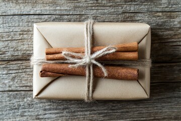 Poster - Christmas. New Year. Holidays. Christmas gifts on brown wooden background. View from above.