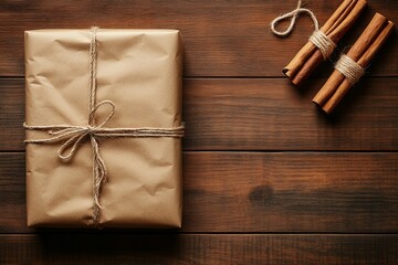 Wall Mural - Composition of new year and christmas gifts on a brown wooden background. View from above.