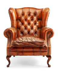 Vintage Leather Tufted Armchair on White Background Classic Elegant Furniture Design