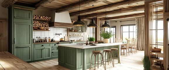 Rustic kitchen with green cabinets, a large island, and a dining area.