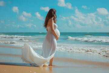 Canvas Print - Pregnant woman beach adult bride.