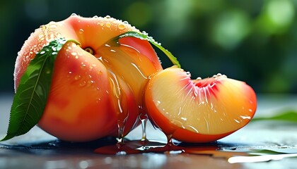 Juicy peach halves with dripping nectar, on a wooden surface