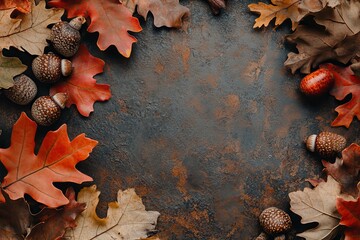 Poster - Dark stone table with autumn leaves and nuts in autumn background