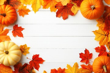 Poster - Pumpkin decorations with fall leaves, berries, nuts on white background, Thanksgiving or Halloween harvest concept. Flat lay composition with greeting space.