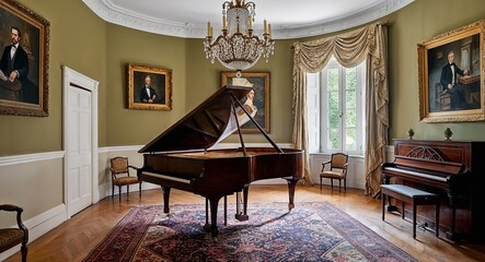19th century living room with grand piano and oil paintings