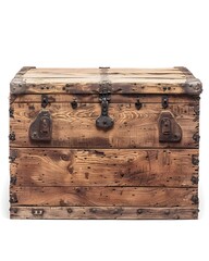 Poster - Rustic Wooden Trunk with Weathered Metal Hinges  Ideal for Storage and Decor on White Background