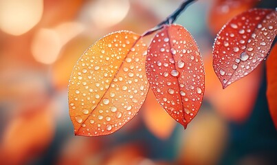 Poster - Close-up of vibrant orange leaves with water droplets, showcasing the beauty of nature and autumn's rich colors.