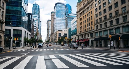 Busy crosswalk in a vibrant downtown district with high rise buildings