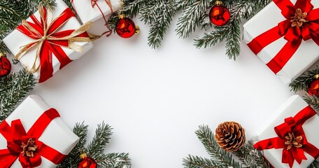 Poster - An artistic frame with Christmas fir branches, gift boxes, red decorations, sparkles, and confetti on white background. Xmas and New Year holiday, flat lay, top view.