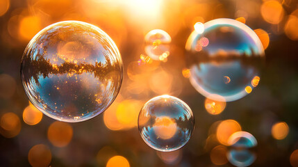 Wall Mural - Bubbles floating in the air against the backdrop of the evening sun.