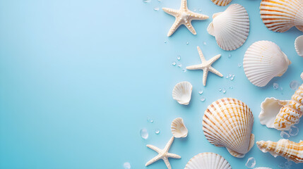 Canvas Print - a light blue background decorated with seashells evokes a sense of the sea and summer.