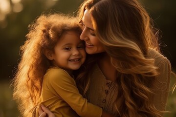 Canvas Print - Brazilian mom spend time with daughter hugging family adult.