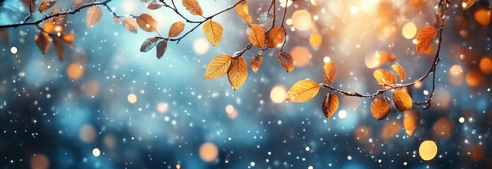 Poster - This mysterious autumn banner is decorated with branches with fall golden yellow maple leaves on a background of autumnal foliage and glowing glowing bokeh, indian summer. Toned image.