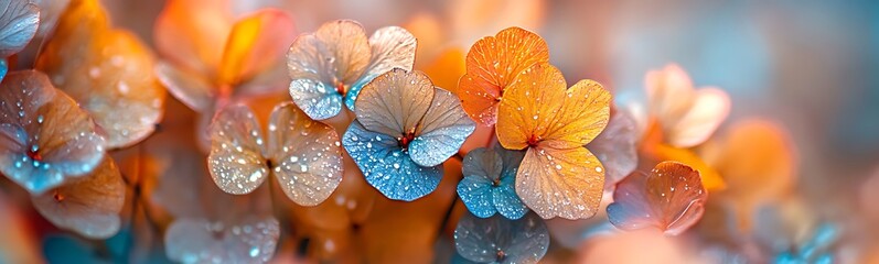 Leinwandbilder - A close-up of vibrant flowers adorned with dewdrops, showcasing soft colors and delicate petals against a blurred background.