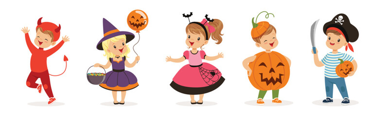 Poster - Cute Children in Halloween Costume Celebrate Holiday Vector Set