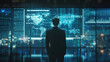 © NooPaew - A successful business leader standing in front of a digital screen showcasing their company's global success, with charts and graphs illustrating growth.
