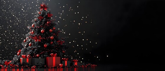 Glowing Christmas tree adorned with a festive red and black garland creating a warm and cozy holiday atmosphere  This 3D digital showcases the intricate details and modern