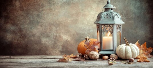 Poster - Falling leaves and pumpkins on a rustic wooden table