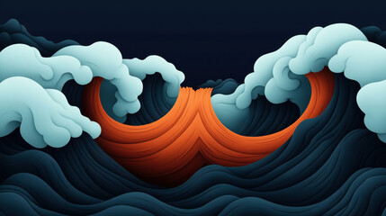 Poster - Abstract illustration of ocean waves in teal and orange hues, creating a dynamic and flowing composition with layered textures and smooth curves.