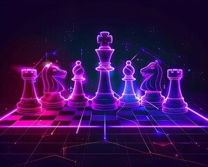 Wall Mural - neon glowing chessboard with radiant chess pieces representing strategy and power
