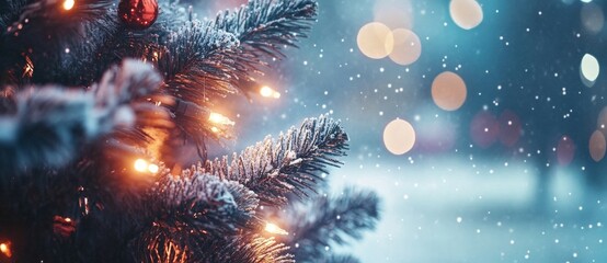 Poster - Winter Christmas tree outdoor with snow, bokeh lights all around, and falling snow.