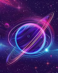 Wall Mural - neon of orbiting space station around glowing planet with cosmic rays and stars in background