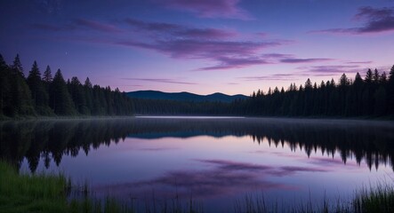 Canvas Print - Lavender hued twilight sky over calm forest lake background