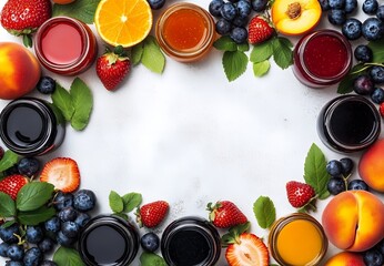 Sticker - Assortment of fresh fruit jams in jars with fruit and leaves around the edges.