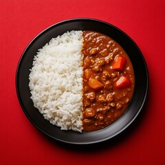 minimalistic realistic food photo on a red background of authentic japanese curry rice in a black plate, half curry half rice symmetrical, top view, cinematic light