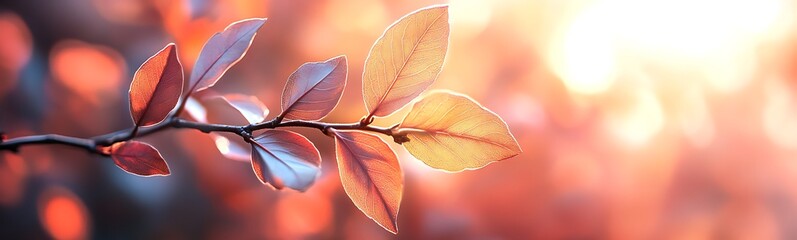 Poster - A close-up of a branch with colorful leaves illuminated by soft sunlight, creating a serene and warm autumn ambiance.