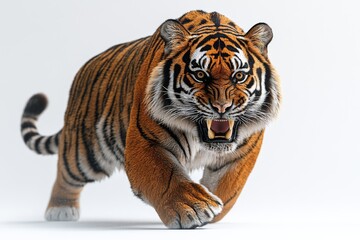 a saber-toothed tiger in a stalking pose, its elongated fangs prominent and muscles rippling