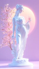 Graceful Greek Goddess Hera Statue With Glasses Sipping Drink at Sunset