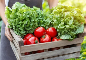 Poster - A wooden crate filled with freshly picked tomatoes and lettuce.