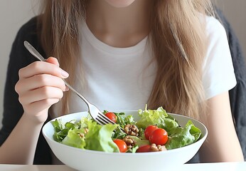 Young woman with long blonde hair eating a fresh salad with a fork.