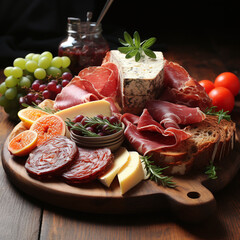 Wall Mural - Appetizers table with different antipasti, charcuterie, snacks and cheese. Buffet party. Top view, flat lay, copy space, negative space	