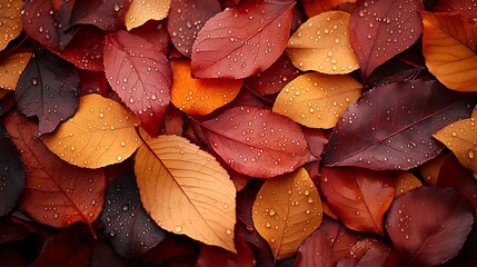 Aufkleber - A close-up of vibrant autumn leaves in warm hues, adorned with droplets of water, creating a rich, textured natural pattern.