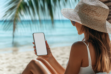 Mockup image of a woman holding and using mobile phone with isolated blank desktop screen white sitting on the beach	