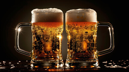 Close-up of two beer glasses toasting, empty black background