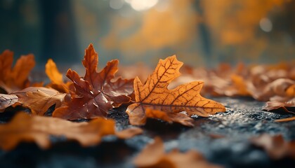 Poster - A close-up of autumn leaves scattered on the ground, showcasing vibrant colors amidst a softly blurred forest background.