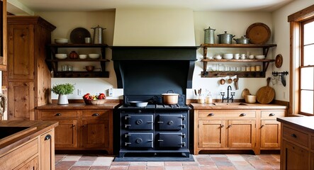 Wall Mural - Rustic farmhouse kitchen with cast iron stove and wooden cabinets