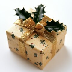 Canvas Print - A beautifully wrapped gift with a golden ribbon and holly leaves.