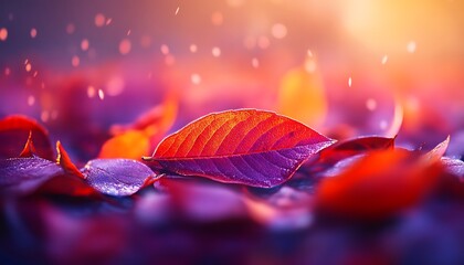 Poster - A close-up of vibrant red leaves glistening with dew, set against a dreamy, blurred background of warm colors and soft light.