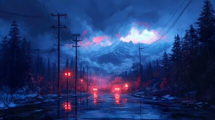 Wall Mural - Nighttime Mountain Road with Red Lights