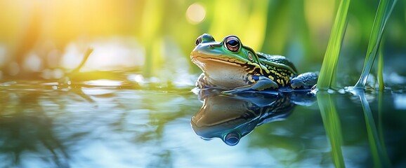 Green frog sitting in water, surrounded by lush green grass and reeds.