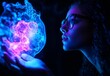 © Антон Сальников - VR technology concept. Female portrait lit by a HUD interface.